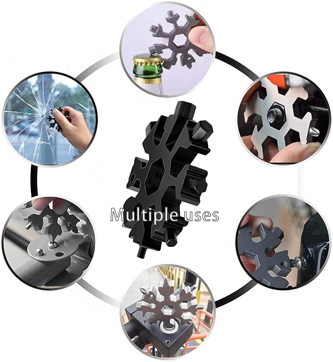 Snowflake Multitool, 2pcs Snowflake Tool Stainless Steel 18 in 1 Snowflake Multitool with Carabiner Clip, Keyring and Storage Bag for Christmas Gift Men's Present(double black)