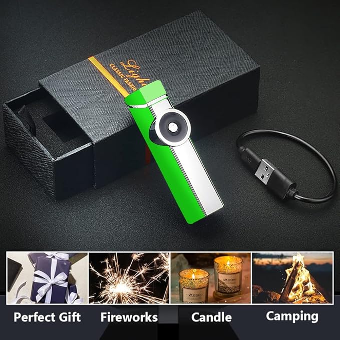 SKRFIRE Electric Lighter Rechargeable USB Lighter Triple Arc Plasma Lighter Outdoor Windproof Flameless Lighter Portable Cool Lighter with Digital Power Display for Candles, Fireworks, Incense(Green)