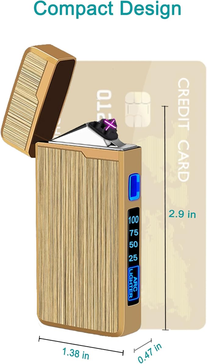 Electric Lighter, USB Rechargeable Lighter, Plasma Dual Arc Lighter, Windproof Flameless Lighter, Pocket Metal Lighter with LED Battery Indication for Candles, Incense, Camping (220mAh, Gold)