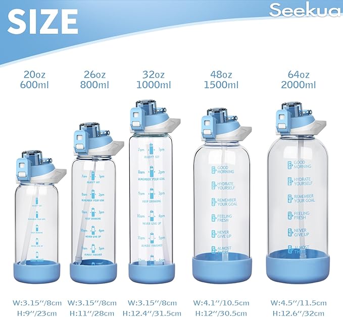 64 oz Large Sports Glass Water Bottle with Straw & Time Marker, Motivational Half Gallon Daily Glass Drinking Bottle with Strap for Fruit Infused Water, Smoothie, Coffee