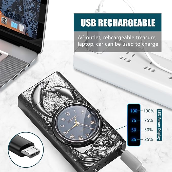 Plasma Lighter Rechargeable Electric Candle Lighter USB Electronic Lighter Windproof Dual Arc Lighter with Gift Box for Holiday, Birthday, Gift for Men and Women (Black Dolphin)