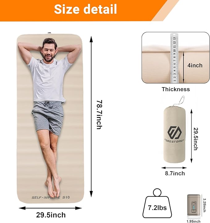 Self Inflating Sleeping Pad,4" Extra Thick Memory Foam Camping Pad, 60S Fast Air Self-Inflating Camping Mattress Pads, 4 Season Sleeping Mat for Camping Rooftop Tent Car Truck Van