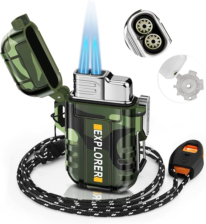 Torch Lighter, Double Jet Flame, Waterproof, Windproof, Refillable Butane Gas Lighters for Survival, Camping, Hiking, Grill