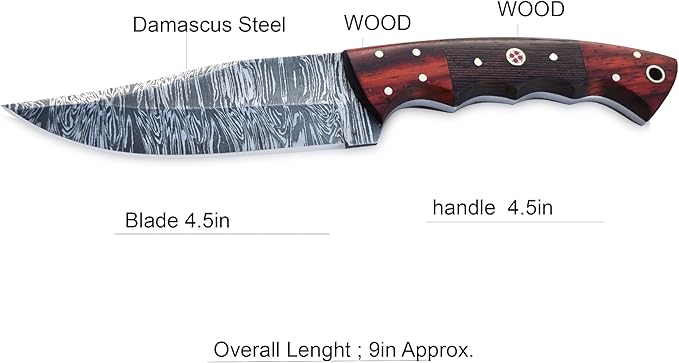 GLADIUS CRAFTS" 9 Inch Handmade Damascus Skinner Knife with leather sheath - EDC Full tang fixed blade with RoseWood handle - Ideal for Camping, Hunting & Skinning, and Bushcraft