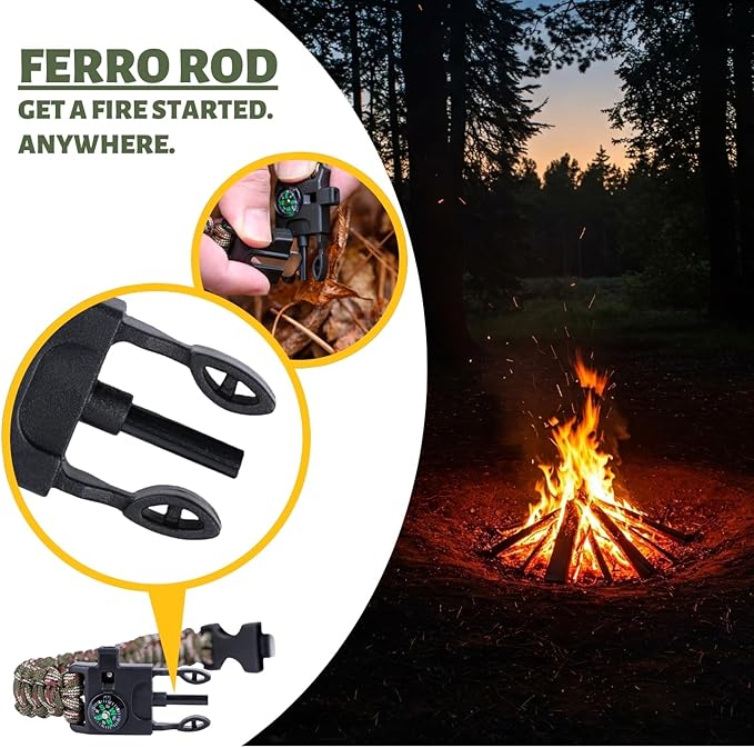 Bracelet & 10' Paracord Bundle – Fire Starter, Compass, Emergency Whistle, Mini Saw - Tactical Outdoor Survival Gear for Camping, Hiking, and Emergency Kits - U.S. Company