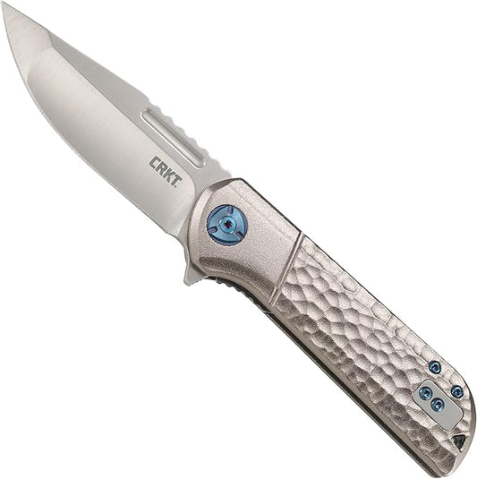 CRKT Lanny EDC Folding Pocket Knife: Assisted Opening Everyday Carry, Satin Blade, Flipper , Liner Lock, Hammered Aluminum Handle, Reversable Pocket Clip 6525