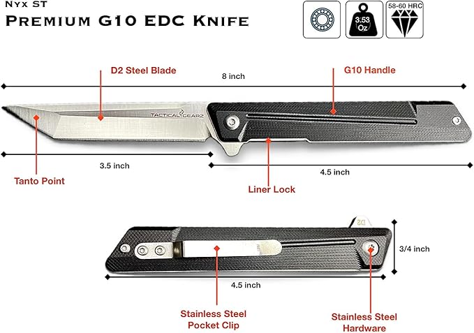 TACTICAL GEARZ EDC Pocket Folding Knife with G10 Handle - Tanto D2 Steel Blade, Nyx ST (Black Beast Bundle)