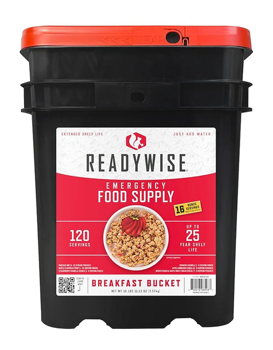 READYWISE - Breakfast Bucket, 120 Servings, Emergency, MRE Meal, Food Supply, Premade, Freeze Dried Survival Food for Hiking, Adventure & Camping Essentials, Individually Packaged, 25 Year Shelf Life