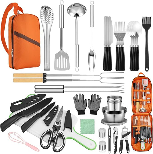 Camping Cooking Utensils Set - 33Pcs/45Pcs Camping Cooking Set Car Camping Essentials Gear for Camp Kitchen Cooking and Grilling, Ideal Gift for RV Tent Camper, Picnics, BBQs