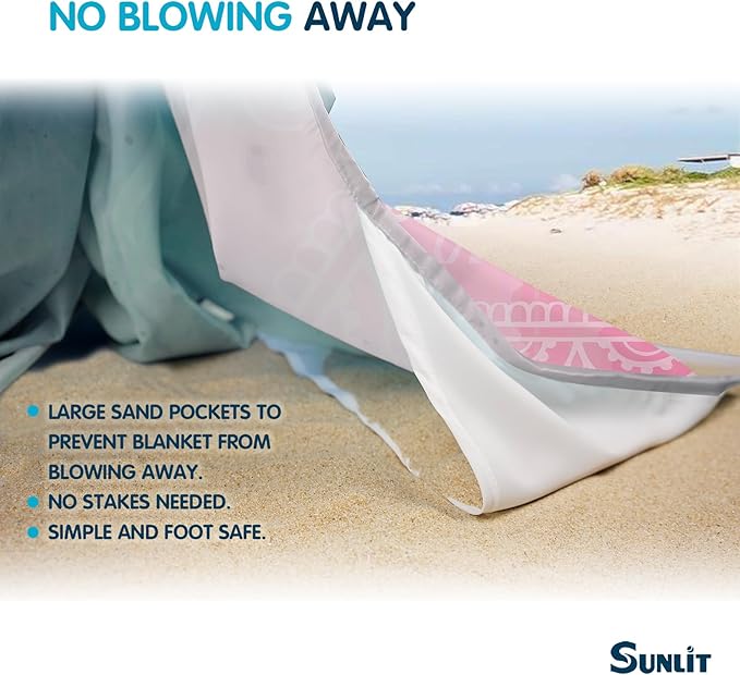 Sunlit 6'x7' Boho Sand Proof Beach Blanket, Sand Proof Mat with Corner Pockets and Mesh Bag for Beach Party, Travel, Camping and Outdoor Music Festival, Blue and Pink Circle Mandala