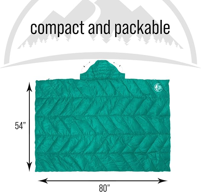 Luxurious Ultralight Down Camping Blanket | Perfect for Backpacking | Packable Puffy Outdoor Quilt with Hood & Pad Straps | Ideal for Travel Camping & Soccer Moms | 80x54 Turquoise