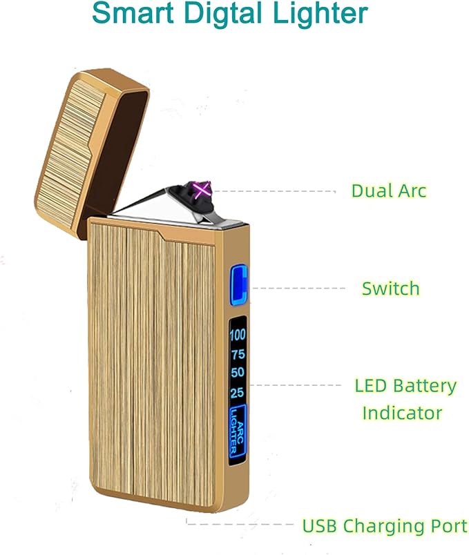 Electric Lighter, USB Rechargeable Lighter, Plasma Dual Arc Lighter, Windproof Flameless Lighter, Pocket Metal Lighter with LED Battery Indication for Candles, Incense, Camping (220mAh, Gold)