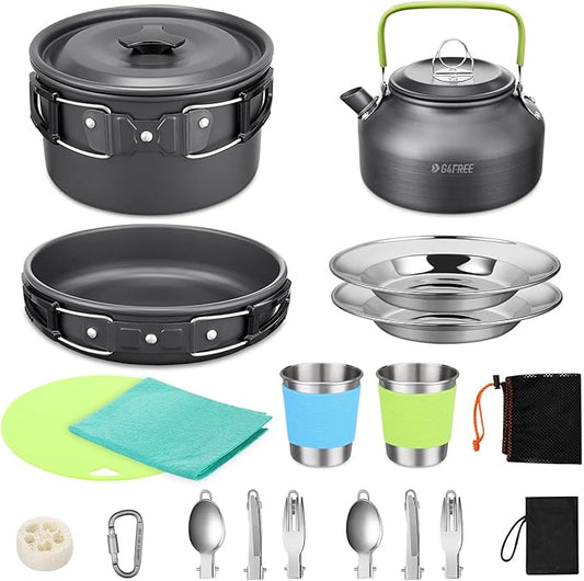G4Free 19PCS Camping Cookware Mess Kit Non-Stick Pot and Pan Set with Kettle Stainless Steel Cups Plates Forks Knives Spoons Lightweight for Hiking Backpacking Cooking Picnic