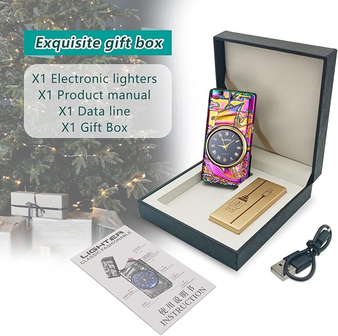 Plasma Lighters Electric Lighters Rechargeable Flameless Windproof Arc Lighter with Clock dial Vintage Cool Lighters for Candles, Incense, Outdoor, Camping (Color