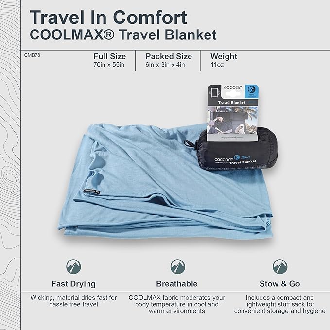 COCOON - Coolmax Travel Blanket | Compact Throw Blanket for Camping and Hiking | Fits in Backpack | Attaches to Luggage | Travel Essential | Fast Drying (Regular 70" x 55")