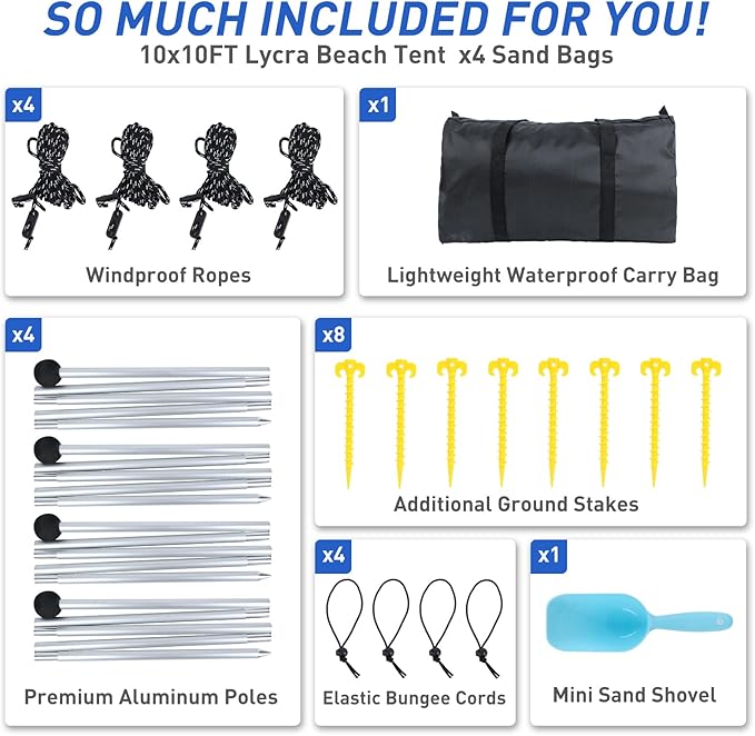 Beach Tent Pop Up Shade Canopy Sun Shelter UPF50+ with 4 Stability Poles/Carry Bag/Ground Pegs/Sand Shovel/Windproof Ropes Portable Outdoor Family Sunshade for Beach Camping(Royal Blue10×10FT)