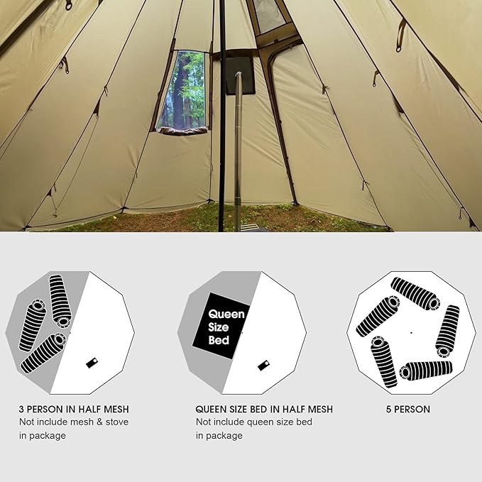 Preself 4~6 Person Tipi Hot Tent T3 XL with Screen Window, Height 8' 6" 2.6m, Diameter 15' 4.6m, for Wood Buring Stove Bushcraft Family Camping Hunting Fishing