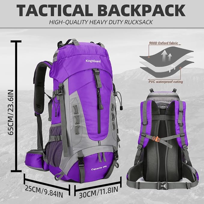 King'sGuard 60L Hiking Backpack Lightweight Camping Backpack with Rain Cover Large Waterproof Packable Outdoor Trekking Travel Backpack for Men Women (Purple)