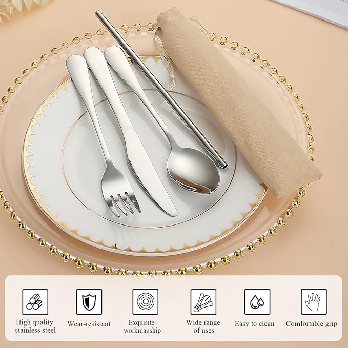 Kyraton Camping Silverware Set 4 Pieces with Portable Base, Stainless Steel Flatware Camping Utensil Set Travel Cutlery Set for Outdoor Picnic Office School Farm Work Lunch Box