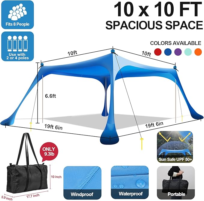 Buheco Beach Tent Pop Up Shade 10x10ft Beach Canopy Sun Shelter UPF50+ with 4 Foldable Poles-Portable Carrying Bag-Sand Shovel-Ground Pegs-Windproof Ropes for Outdoor Family Camping-Fishing-Picnic