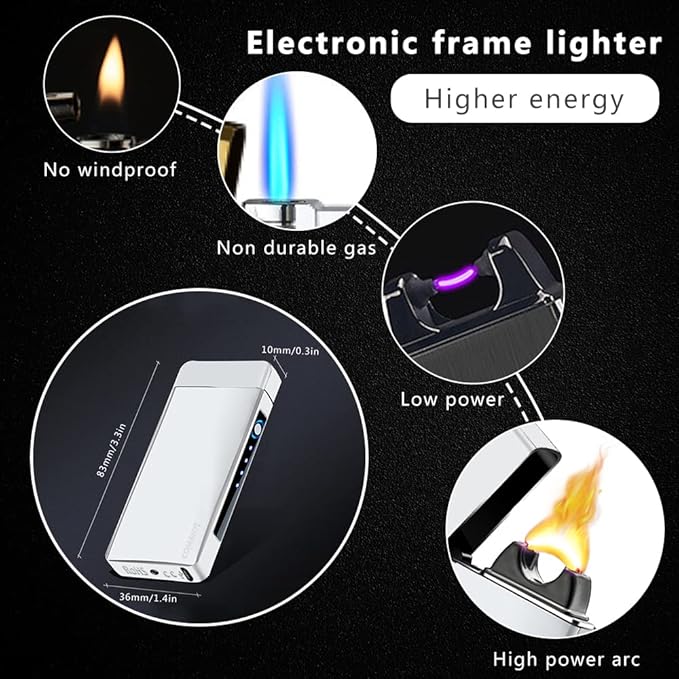 Arc Lighter Rechargeable Electric Lighter Plasma USB Lighter High Power Torch Electronic Lighter Cool Windproof Candle Lighter with Battery Indicator for Candles, Fireworks, Incense (Sliver)