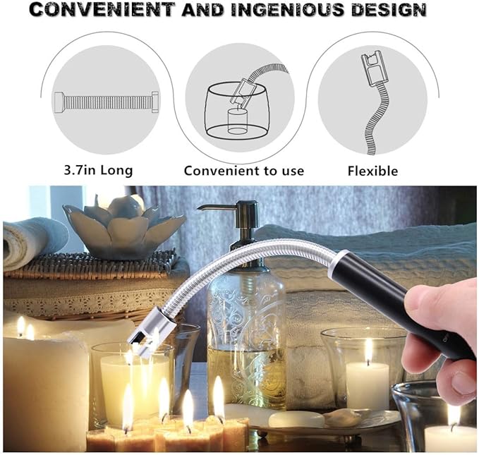 Electric Rechargeable Candle Lighter Grill Lighter Arc Lighter with Flexible Neck, LED Battery Display Safety Switch for Candle Camping Cooking BBQs Fireworks (Black&Silver)