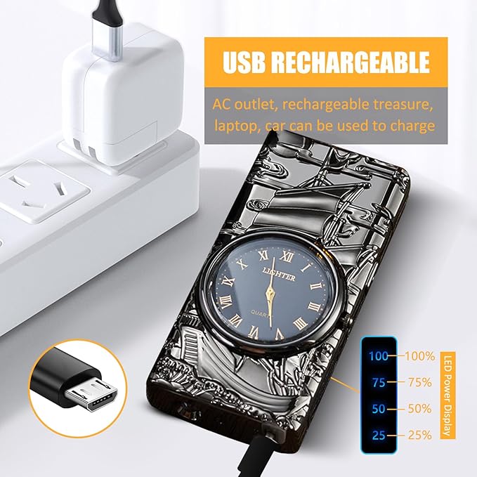 Cool Lighter with Clock Dial Electric Lighter with LED Power Display Plasma Lighter Windproof USB Rechargeable Lighter Gifts for Men Women (Sailboat-Black)