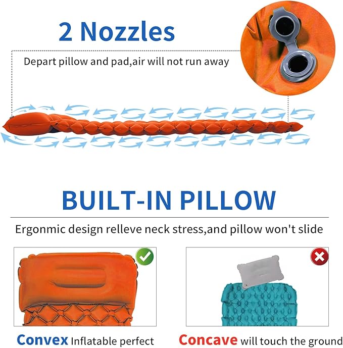 DDD Ultra-Light Inflatable Camping Sleeping Pad with its Built-in Foot Pump and Pillow - The Ultimate Camping pad, Hiking pad, Backpacking Pad and Lightweight for a Outdoor Sleep——Orange
