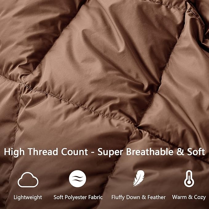 Soft Down Blanket Fluffy Lightweight Warm, Compact Portable Travel Throw Camping Blanket & Pillow Cushion, Airplane Train Beach Glamping Indoor Outdoor, 800 Fill Power 50x70’’ Brown