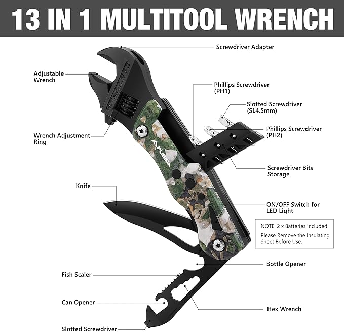 FLISSA 13-in-1 Multi Tool Wrench, Stainless Steel Camo Multitool Adjustable Wrench with LED Light, EDC Pocket Knife with Sheath, Multipurpose Multi Use Tool Wrench