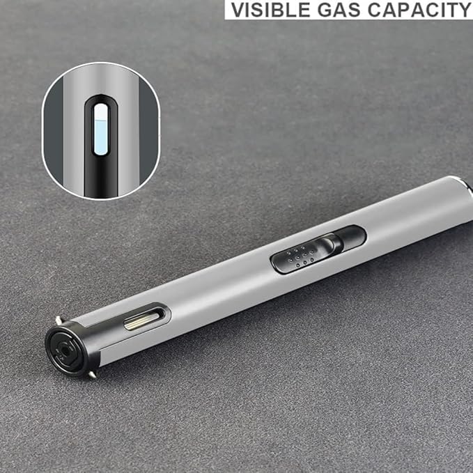 Jet Torch Lighter, Refillable Butane Lighter with Visible Window, Windproof Candle Lighter for BBQ, Camping, Stove, Kitchen Cooker, Hobs, Men Gifts (Gas Not Included) (Silver)