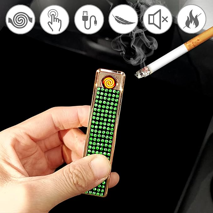 Rhinestone Lighter Electric Lighter Rechargeable Bling Glitter USB Lighter Flameless Girls Lighter for Women (Green)