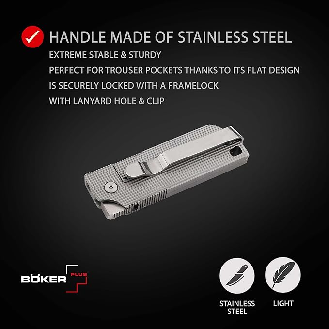 BÖKER PLUS® BabyX Flipper Steel - ball bearing EDC mini pocket knife with D2 Sheepfoot blade - small folding knife with stainless steel handle and clip - Pocket Knife in gift box