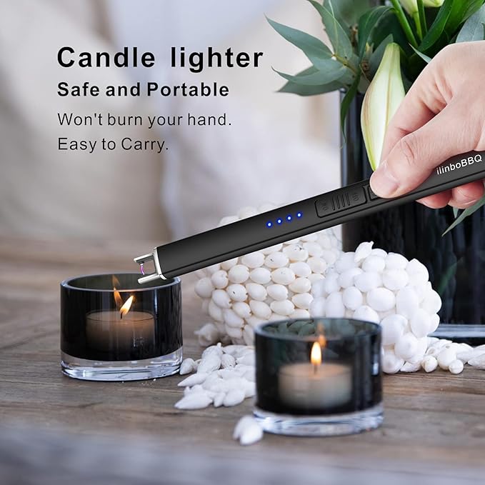 Lighter Electric Candle Lighter with LED Battery Display USB Rechargeable Lighter Windproof Flameless Long Lighters for Candle BBQ Camping (Black