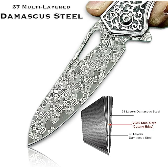 TACTICAL GEARZ Pocket Folding Knife w/Damascus Blade! Rosewood/Steel Handle, Includes Custom Stitched Leather Sheath! (Keno)