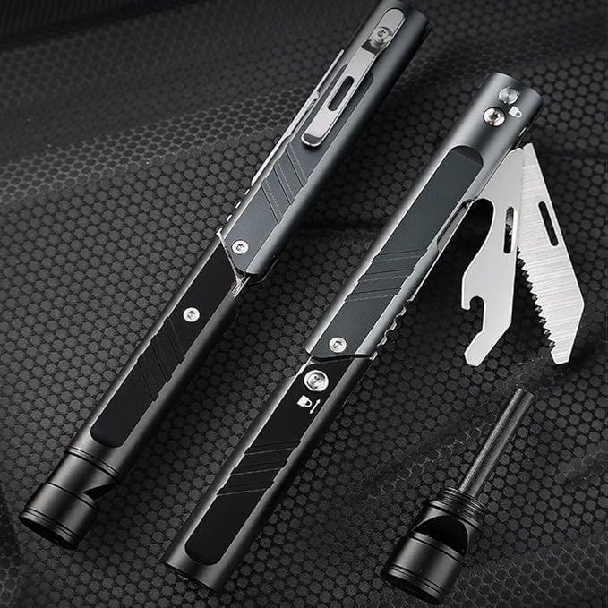 Multitool Knife, Gifts for Men, 7 in 1 Camping Gear - Pocket Knife, Fire Starting Sticks, Bottle Opener, Screwdrivers, Saw, Whistle, Pocket Clip, Survival Camping EDC Tools