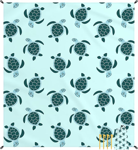 Beach Blanket Waterproof Sandproof, 6.5'x7.2' Extra Large Sand Free Beach Mat 1-4 Adults, Lightweight Portable Outdoor Beach Accessories w/ 4 Stakes for Picnic, Camping, Vacation - Green Baby Turtle