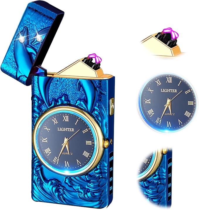 Cool lighters Windproof Lighter arc Lighter Electric lighters Rechargeable Flameless Plasma Lighter with Battery Indicator, lighters for Men (Blue)