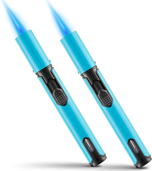 Urgrette 2 Pack Butane Torch Lighter, 6-inch Jet Flame Butane Lighter Refillable Pen Lighter for Grill BBQ Camping (Gas Not Included) Blue