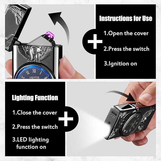 Cool Lighter with Clock Dial Electric Lighter with LED Power Display Plasma Lighter Windproof USB Rechargeable Lighter Gifts for Men Women (Eagle-Black)