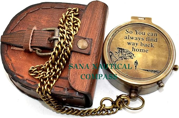 Antique Pocket Chain Compass to My Husband Brass Locket Compass with Engraved Brass Compass on Chain with Leather case, by Brass Nautical Compass, Antique Brown, 2.5 X 2.5 X 0.90''