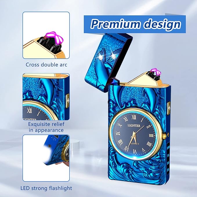 Cool lighters Windproof Lighter arc Lighter Electric lighters Rechargeable Flameless Plasma Lighter with Battery Indicator, lighters for Men (Blue)
