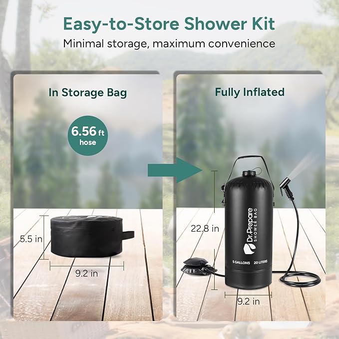 DR.PREPARE Camping Shower, 4 Gallons/5 Gallons Portable Camp Shower with Foot Pump, Dual Shower Options, Large Water Inlet, Portable Outdoor Shower for Camping, Beach, Hiking, Climbing