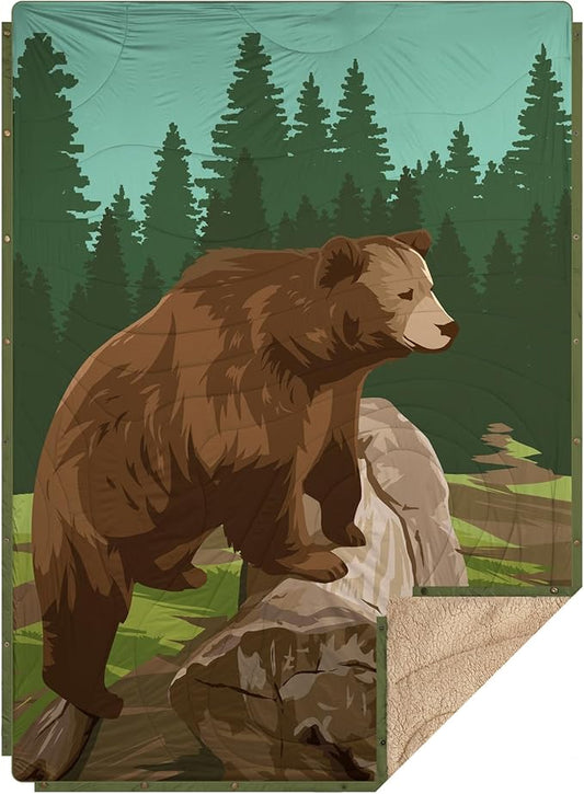 Outdoor Camping Blanket with Sherpa Lining, Extra Warm Thick Camp Blankets & Puffy Ultralight Soft Poncho DWR Camping Quilt for Cold Weather, Adventure,Sleeping,Backpacking 78"x 56"