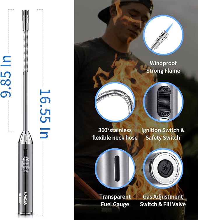 Butane Lighter Torch Long Lighter Adjustable Fire Jet Torch Windproof Refillable Flexible Long Lighter with Visual Fuel Window for Grill BBQS Camping Fireplace 16.55 Inc(Butane Gas Not Included)