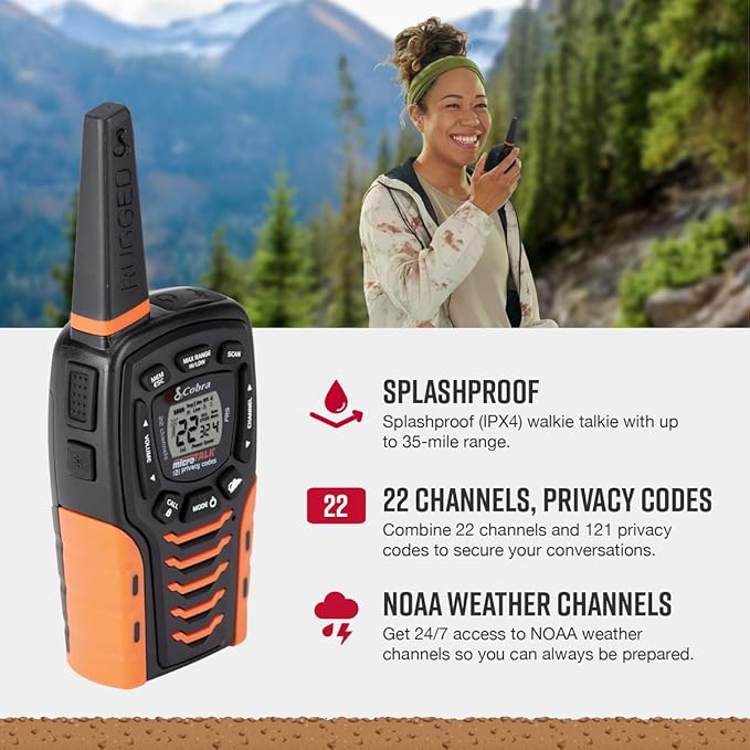 Cobra ACXT645 Waterproof Walkie Talkies for Adults - Rechargeable, 22 Channels, Long Range 35-Mile Two-Way Radio Set (Pack of 2)), Black and Orange, 1.74 x 2.54 x 6.74 inches