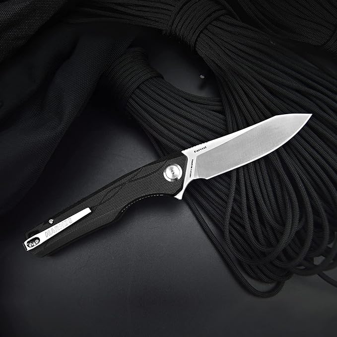 Harvest Pocket knife with Sandvik 14C28N Steel Folding Knife with G10 Handle for Camping Hunting Surviral (Black)