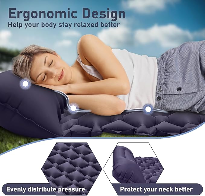 Camping Sleeping Pad with Compass, Ultralight Inflatable Sleeping Mat with Pillow, Built-in Foot Pump, Portable Camping Air Mattress for Backpacking Hiking Traveling Tent (Navy)
