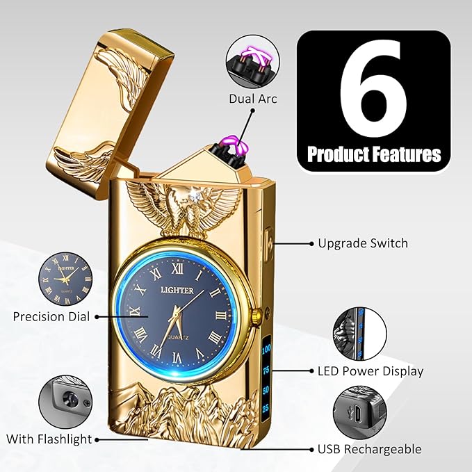 Cool Lighter with Clock Dial Electric Lighter with LED Power Display Plasma Lighter Windproof USB Rechargeable Lighter Gifts for Men Women (Eagle-Gold)