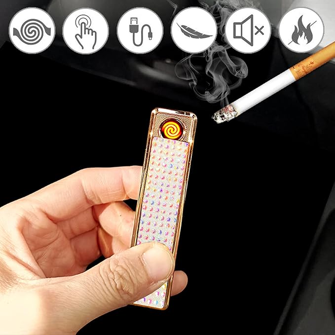 Rhinestone Lighter Electric Lighter Rechargeable Bling Glitter USB Lighter Flameless Girls Lighter for Women (White Multi)